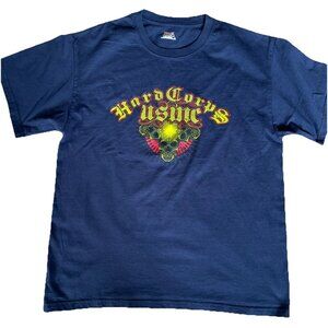 USMC Hard Corps Devil Dogs T Shirt Mens Large Navy Double Sided Marines Skeleton